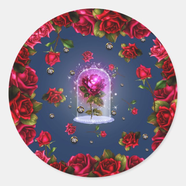 Sticker Rond Magique Rose rouge bleu floral enchanté (Devant)
