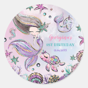 Sticker Rond Magique sous la mer Sirène bébé fille anniversaire