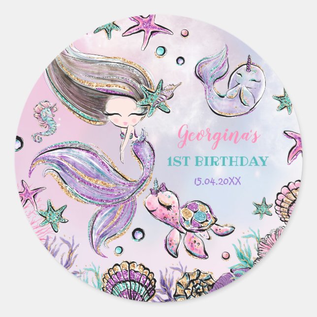 Sticker Rond Magique sous la mer Sirène bébé fille anniversaire (Devant)