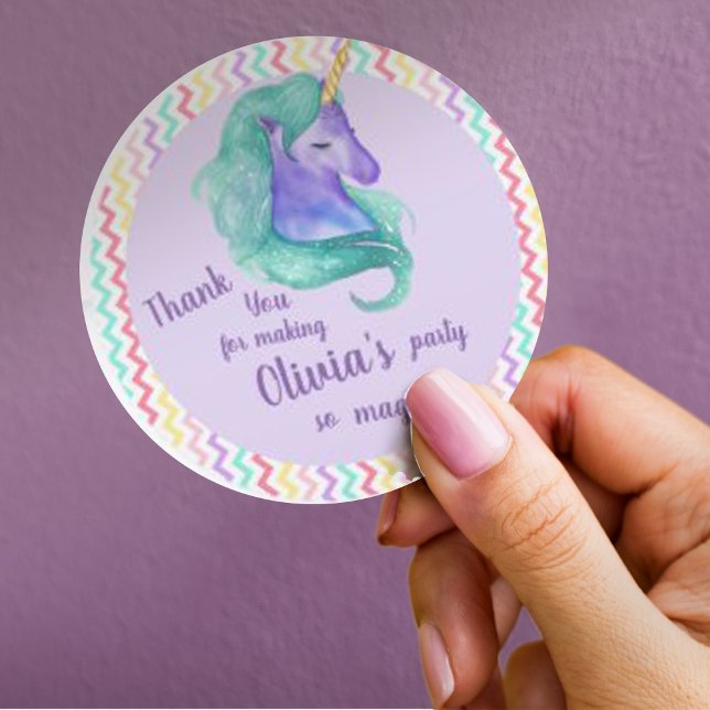 Sticker Rond Magique Unicorn Chevron Pastel Anniversaire de enf (Magical Unicorn Chevron Pastel Kids Birthday Party Classic Round Sticker)