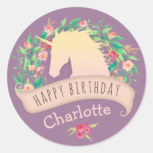 Sticker Rond Magique Unicorn Floral fête d'anniversaire (Devant)