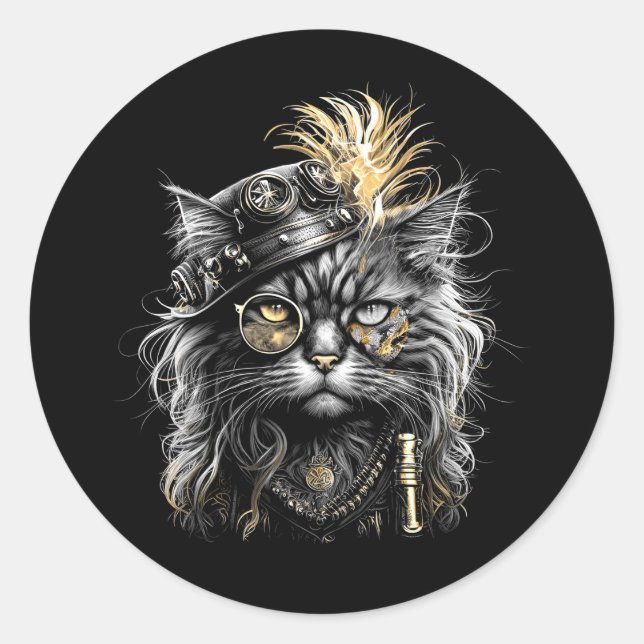 Sticker Rond Magnifique chat Steampunk  (Devant)