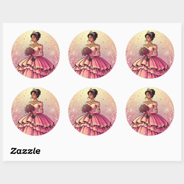 Sticker Rond Magnifique conception de célébration de Mis Quince (Feuille)