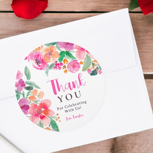 Sticker Rond Magnifique floral automnal rose vif remerciement e (Bright hot pink fall floral thanks bridal shower classic round sticker)