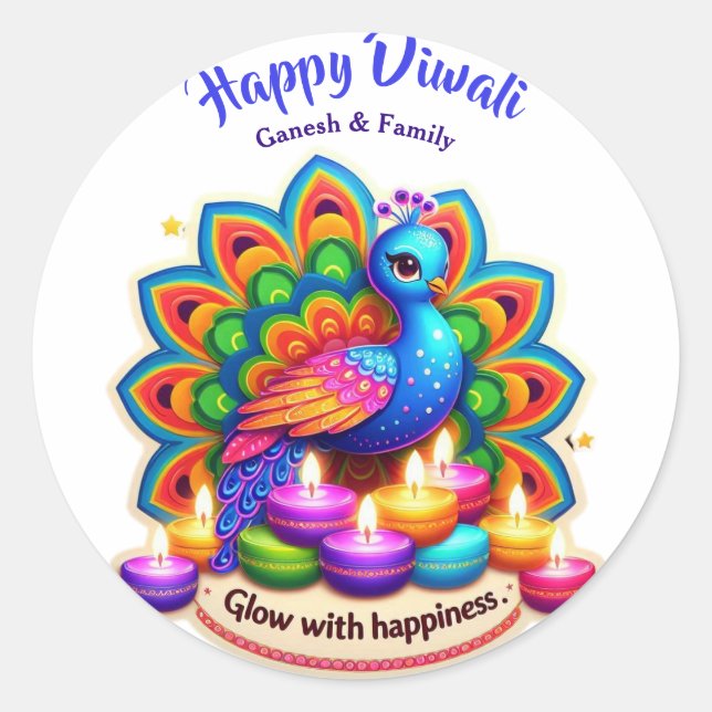 Sticker Rond Magnifique Peacock avec Diya Personnalisé Diwali (Devant)