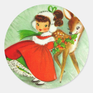 Sticker Rond Magnifique renne et fille de Noël Vintage