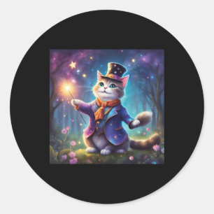 Sticker Rond Magnifique sorcière Chat avec baguette magique bri