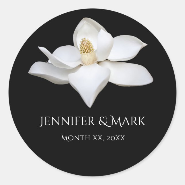 Sticker Rond Magnolia blanc Elégant mariage noir et blanc (Devant)