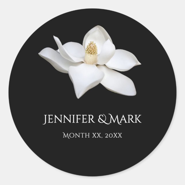 Sticker Rond Magnolia blanc Elégant mariage noir et blanc (Devant)