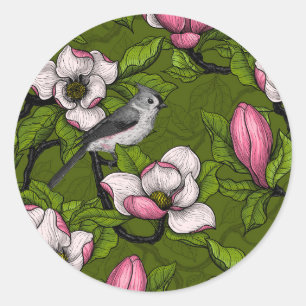 Sticker Rond Magnolia en floraison et oiseau de tireur 2