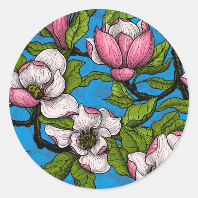 Sticker Rond Magnolia en floraison sur bleu (Devant)