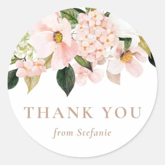 Sticker Rond Magnolia et Hydrangea Rose Pâle Merci (Devant)