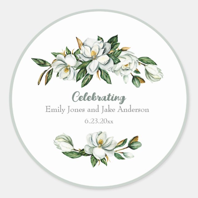 Sticker Rond Magnolia et verdure de mariage à l'aquarelle douce (Devant)