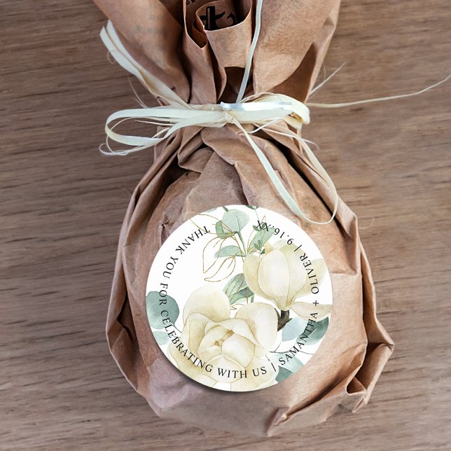 Sticker Rond Magnolia Eucalyptus Élégant Mariage Merci (Elegant Magnolia Eucalyptus Thank You Wedding Classic Round Sticker)