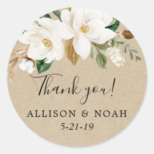 Sticker Rond Magnolia floral blanc vert kraft faveur