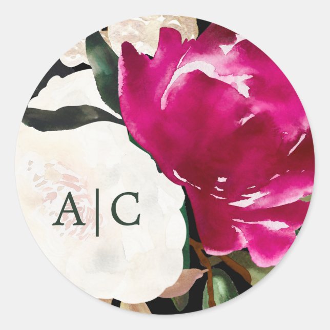 Sticker Rond Magnolia peint sur noir | Mariage de monogramme (Devant)