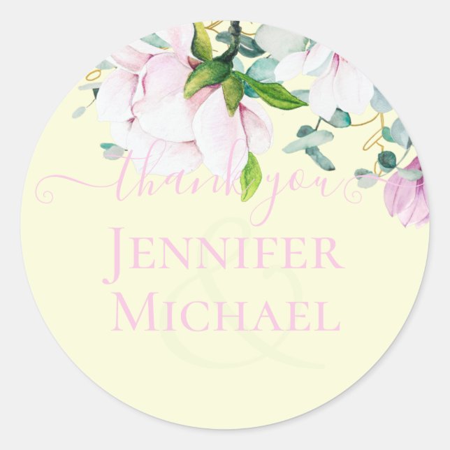 Sticker Rond Magnolia rose avec Mariage Jaune Favor Cadeau Merc (Devant)
