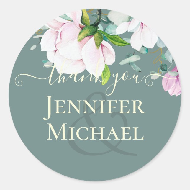 Sticker Rond Magnolia rose avec Mariage Jaune Favor Cadeau Merc (Devant)