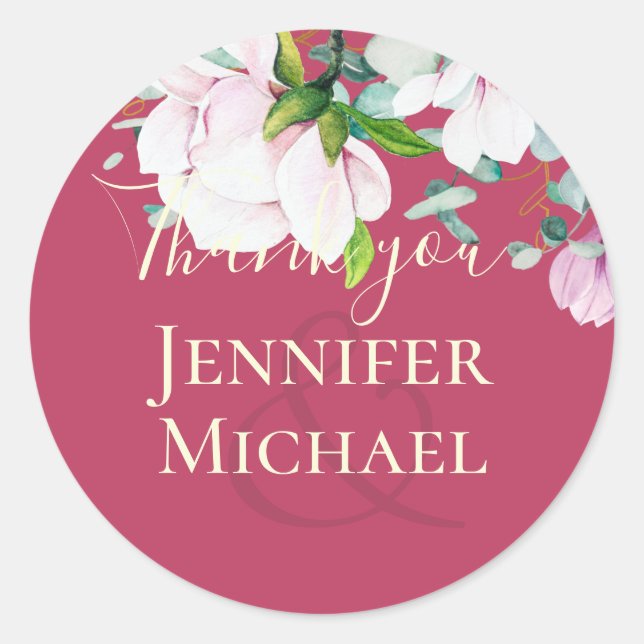 Sticker Rond Magnolia rose avec Mariage Jaune Favor Cadeau Merc (Devant)