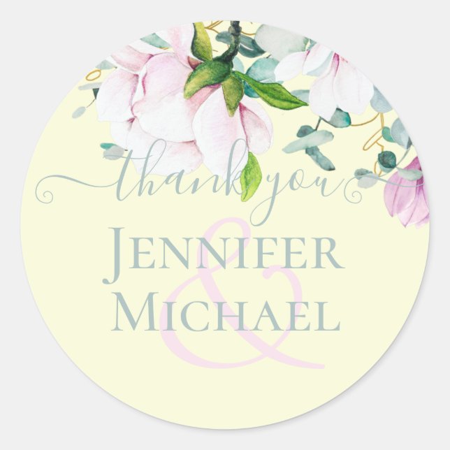 Sticker Rond Magnolia rose avec Mariage Jaune Favor Cadeau Merc (Devant)