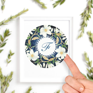 Sticker Rond Magnolias blanc Monogramme initial