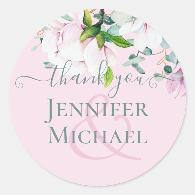 Sticker Rond Magnolias rose Sage Eucalyptus Mariage Merci C (Devant)
