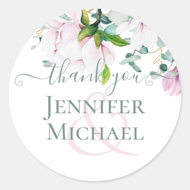 Sticker Rond Magnolias rose Sage Eucalyptus Mariage Merci C (Devant)