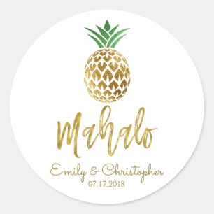 Sticker Rond Mahalo Tropical Hawaiian Ananas Mariage Blanc