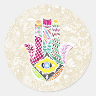 Sticker Rond Main Artistique tirée Hamsa main et dessins florau
