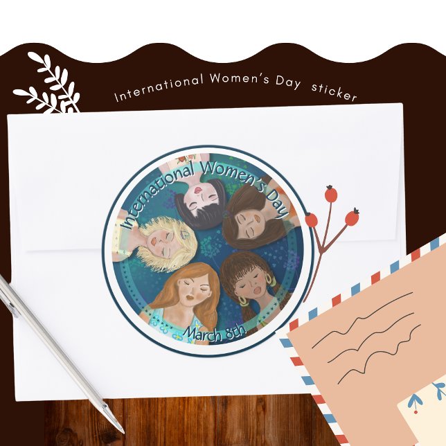 Sticker Rond Main de la Journée internationale de la femme tiré (International Women's Day hand drawn in Blue Classic Round Sticker)