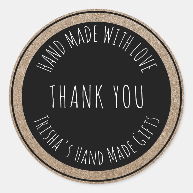 Sticker Rond Main faite avec amour Merci Kraft noir (Devant)