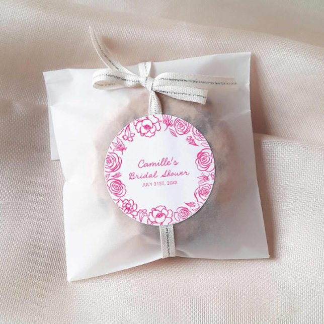 Sticker Rond Main florale rose tirée (Pink Floral Hand Drawn Bridal shower stickers)