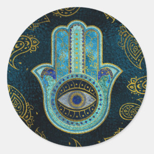 Sticker Rond Main Hamsa décorative avec arrière - plan cachemir