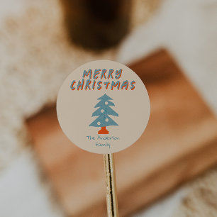 Sticker Rond Main vintage dessinée Orange Bleu Arbre de Noël Fu