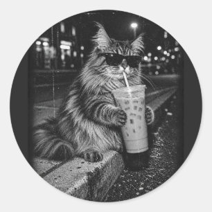 Sticker Rond Maine Coon Café glacé Noir et Blanc Art