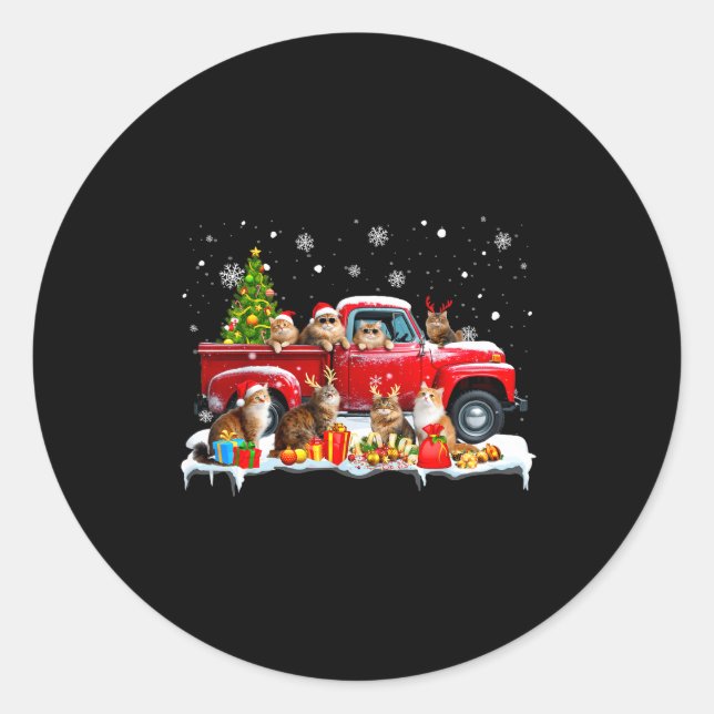 Sticker Rond Maine Coon Cat Red Truck Christmas Tree Santa Ugly (Devant)