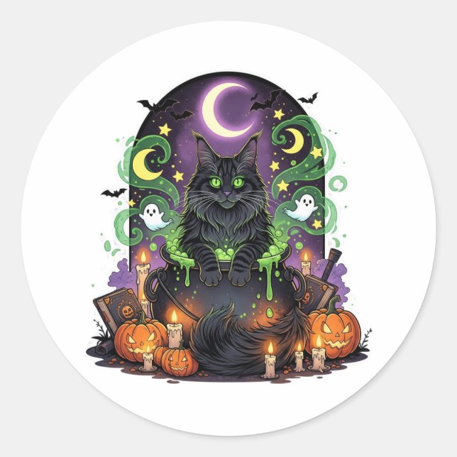 Sticker Rond Maine Coon Cauldron - Chat d'Halloween Éffrayant (Devant)