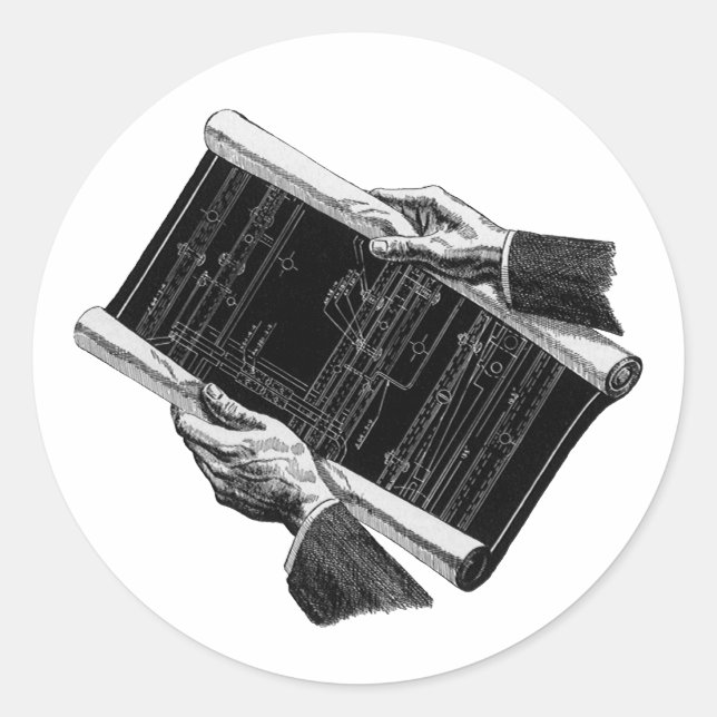 Sticker Rond Mains avec plans architecturaux bleus, Entreprise  (Devant)