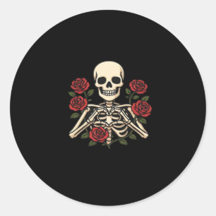 Sticker Rond Mains Coeur Squelette Avec Roses Rouges - Romantiq