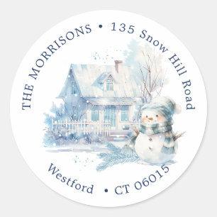 Sticker Rond Maison Blue Snowman Adresse de retour de Noël
