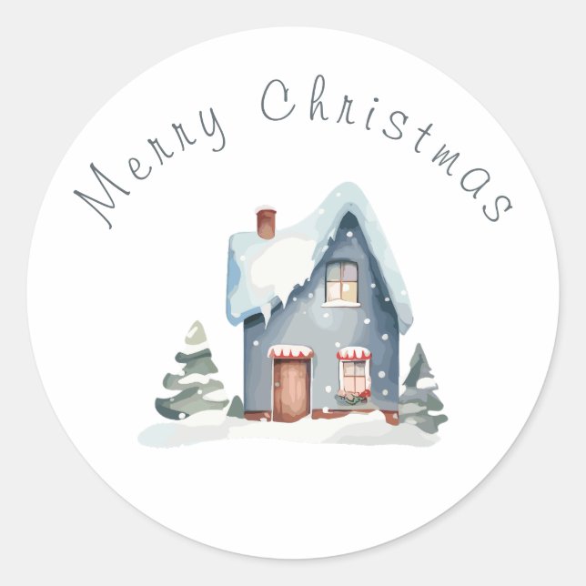 Sticker Rond Maison d'aquarelle bleue Noël (Devant)