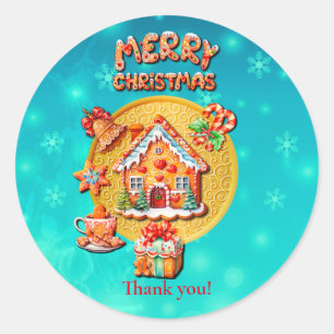 Sticker Rond Maison de bonbons en pain d'épices de Noël et Nouv