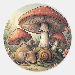 Sticker Rond Maison de Campagne Rétro Champignons et Faune