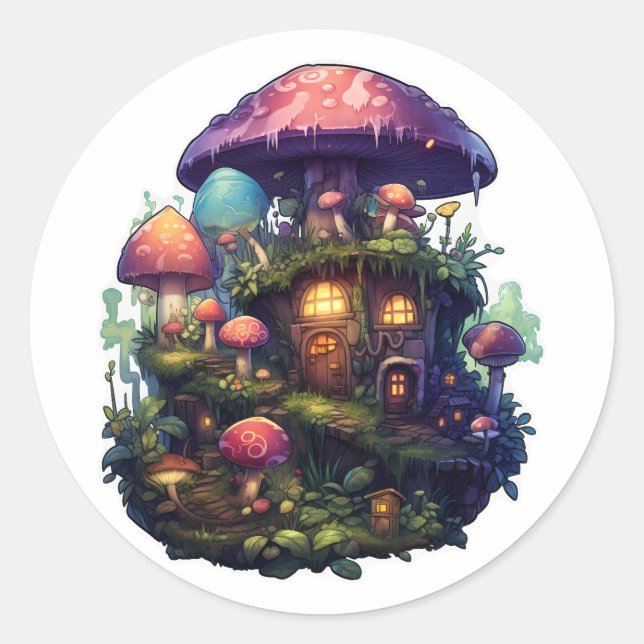Sticker Rond Maison de champignons magiques (Devant)
