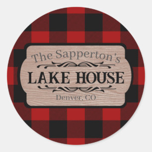 Sticker Rond Maison de Lac à Nom Personnalisé Plaid Rustique