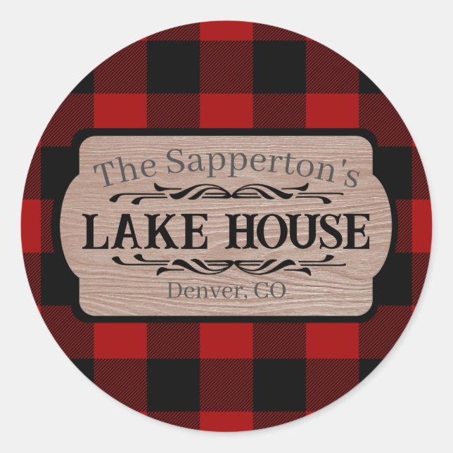 Sticker Rond Maison de Lac à Nom Personnalisé Plaid Rustique (Devant)