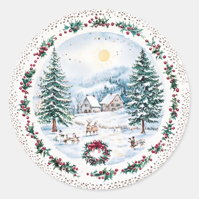 Sticker Rond Maison de montagne d'hiver (Devant)