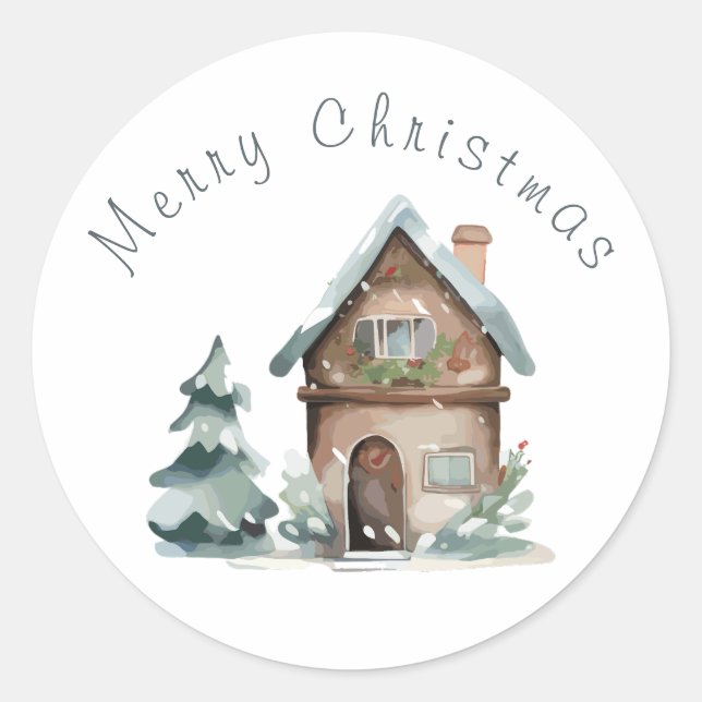 Sticker Rond  Maison de Noël à l'aquarelle  (Devant)