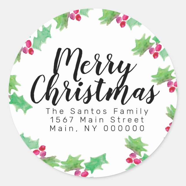 Sticker Rond Maison de Noël Aquarellée Holly Berry Adresse (Devant)