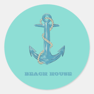 Sticker Rond Maison de plage nautique, Ancre, Corde, Vert Menth